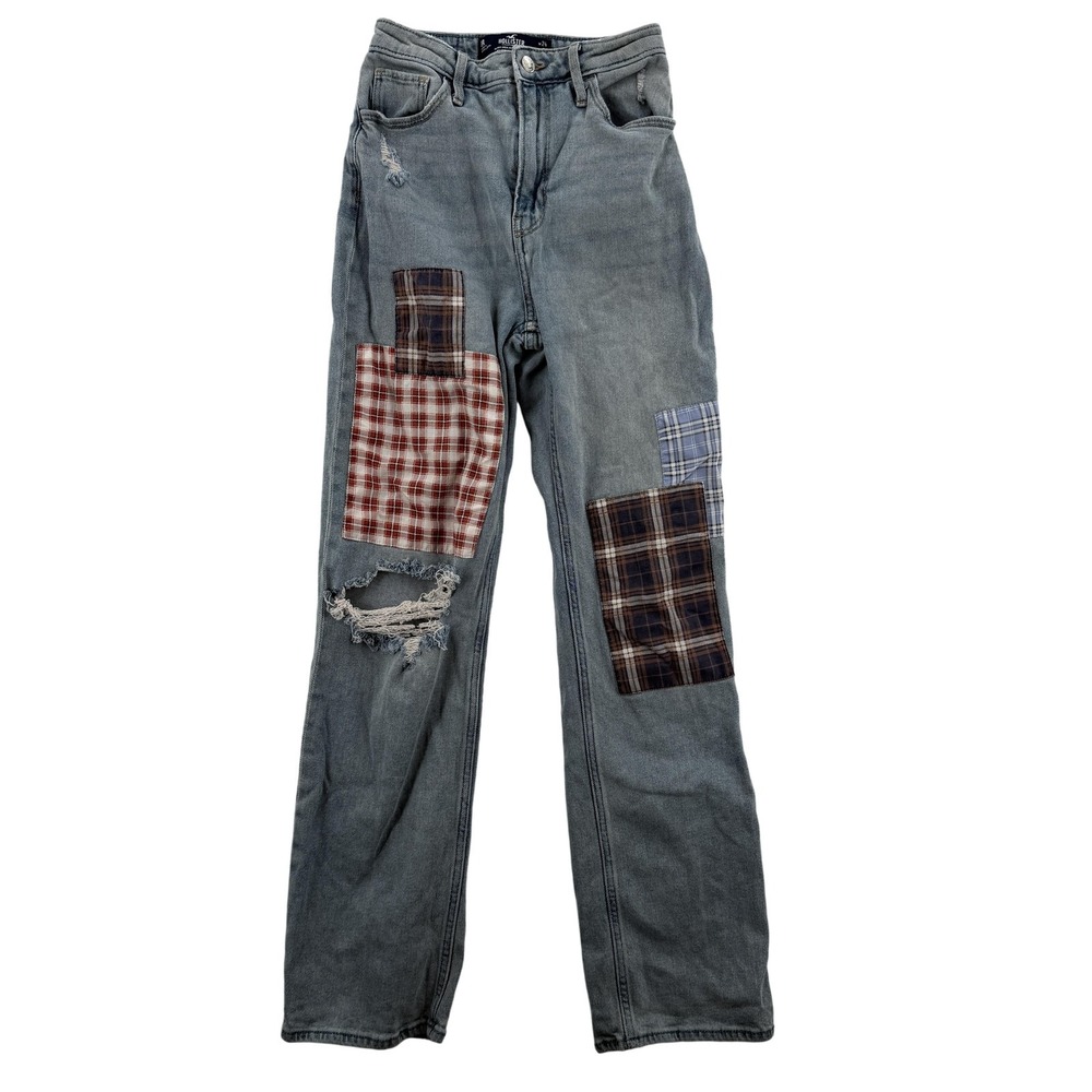 Hollister Womens 24x31 Ultra High-Rise Dad Jeans Blue Patchwork Distressed